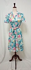  Vintage Green Pink Floral Day Dress sz 10 Petite California Looks Made In USA
