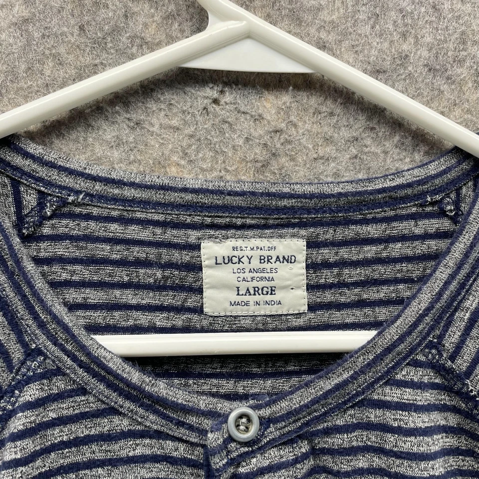 Lucky Brand Shirt Women Large Henley Gray Blue Striped Outdoors Long Sleeve Foto 3 de 4