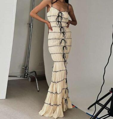 Women's New Fashion temperament French folds Lace up Slim fit sling long dress 