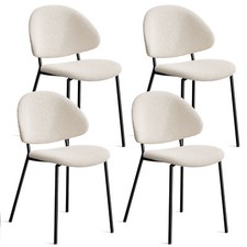 Set of 4 Dining Chairs Boucle Fabric Upholstered Kitchen Chairs Metal Legs White