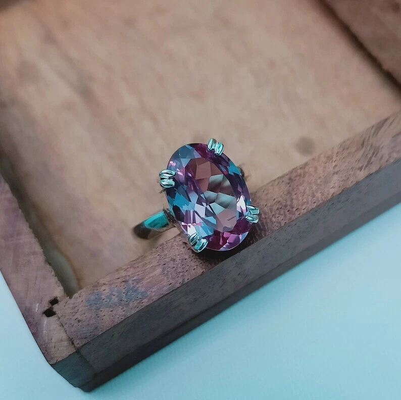Anello alessandrite creato in laboratorio, anello in argento sterling 925, an... - Immagine 4 di 4