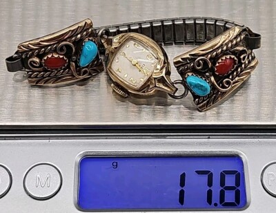 NAVAJO Sterling Silver Turquoise Coral Native American ELGIN WATCH TIPS Vintage 