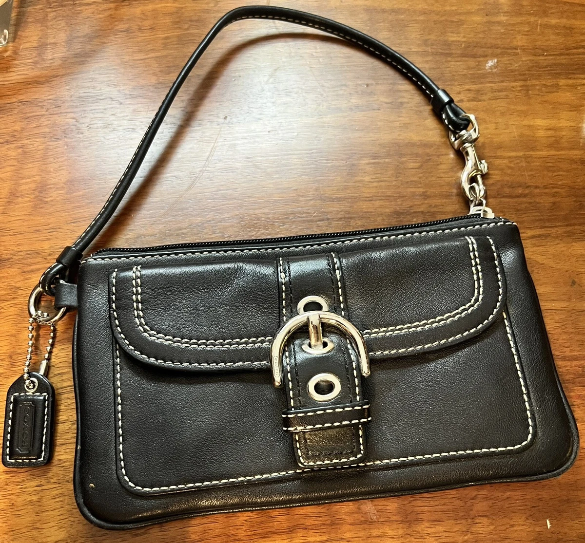 Coach Soho Black Leather Front Buckle Flap Zip Wristlet