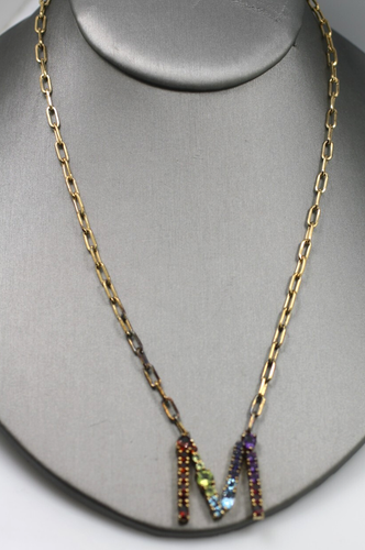 Sterling Silver 925 Vermeil multi color gemstone initial letter M Necklace chain - Picture 8 of 9