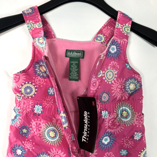 LL Bean Snow Bib Toddler Girls Size 3T Pink Floral Ski Overalls Water Resistant