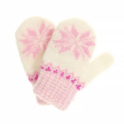 Pink Snowflake Kids Wool Mittens, Girls Mitts (Size 11 for 1 Year Old) Handmade