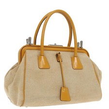 PRADA Hand Bag Canvas Beige Silver Auth 94761