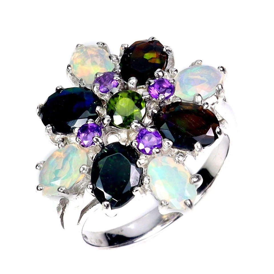 Anello in argento sterling 925 ovale opale nero ametista opale di fuoco... - Immagine 2 di 4