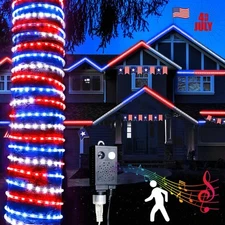 4th of July Red White and Blue Rope Lights with Patriotic Music, 50ft 600 LED...