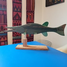 Vtg Carved Painted Wooden Pike Fish Folk Art 22" Green Blue Signed DAK Oak Stand