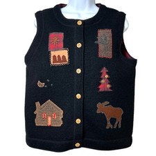 Vintage Woolrich Women Wool Cabincore Moose Vest Black Size M Cottage Christmas