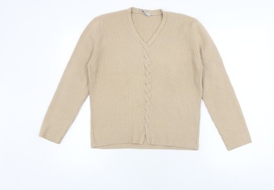 JFW elegante beige Damen Strickjacke L V-Ausschnitt Merinowolle