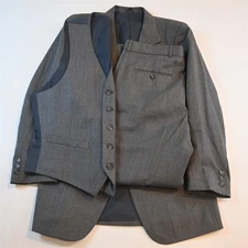 Vtg Mens 38S 32x30 Gray Herringbone Flannel Wool 3 Piece Vest Jacket Pants Suit
