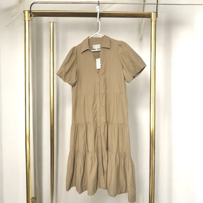 NEW Brochu Walker  Havana Puff Sleeve Sahara Tan Tiered Smock Midi Dress Sz M