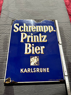 Schrempp Prinz Bier Karlsruhe Emailleschild Biermotiv Blech gewölbt 45x35