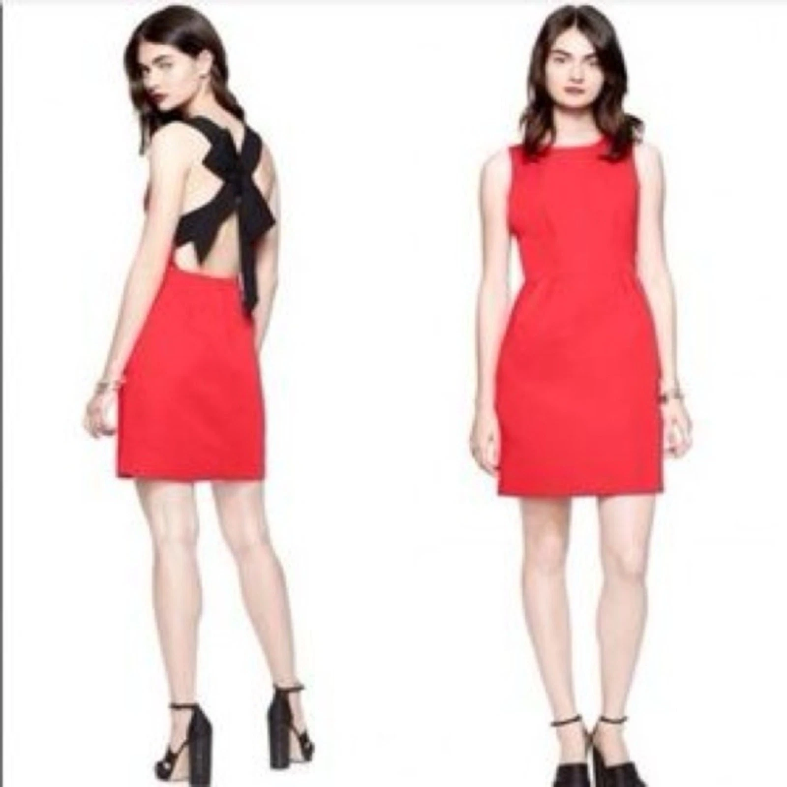 Abito da cocktail Kate Spade rosso in raso tubino con dettaglio fiocco nero taglia 4