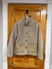 Alex Mill High Pile Fleece Jacket Beige Natural Corduroy Trim Patch Pocket