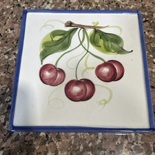VTG Bassano Italian Ceramic Decorative Tile, Cherries Blue Border, 7.5  Labeled
