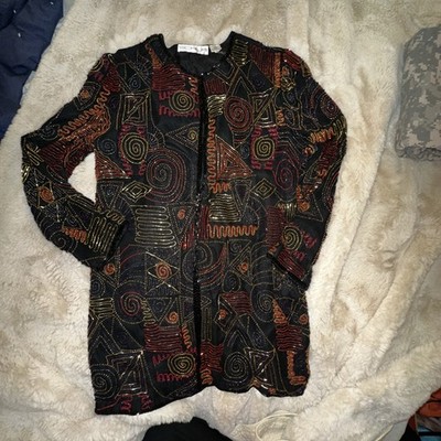 Scala Size L Rare Vintage Stunning Tunic Length Silk Sequins & Beads Jacket