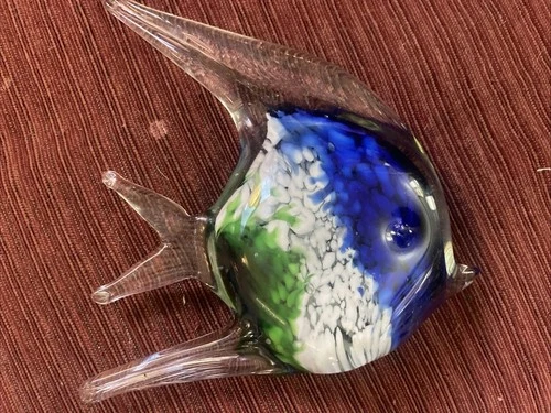 VTG Art Glass Angel Fish Hand Blown Murano  Figurine BLUE, WHITE, And Green