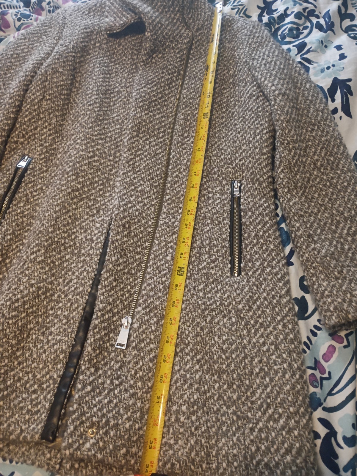 Calvin Klein Wool Tweed Blend Coat Faux Leather Trim Women Medium Brown Beige  thumbnail 9