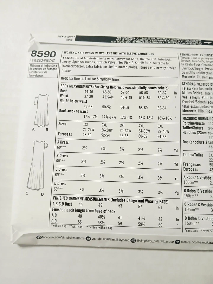 8590 Simplicity Sewing Pattern.  Womens Knit Dress. Size 1xl, 2xl, 3xl, 4xl, 5xl - Image 2 of 3
