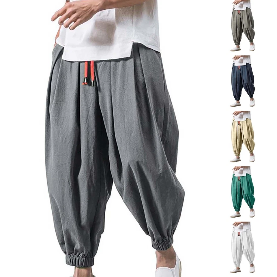 Men Harem Pants Casual Elastic Waist Hippie Bottoms Pant Baggy Wide Leg Trousers - Image 4 of 4