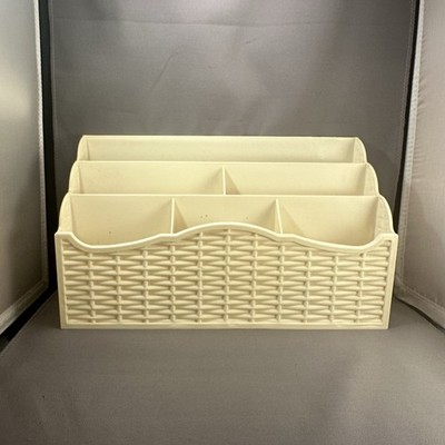 Vintage MCM Action Ind Weave Plastic Beige Desk Organizer For Pens Mail Etc