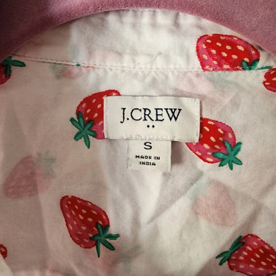 Camisa J.Crew Estampado Fresa Abotonada Pequeña Blanca Roja Y2K Cottagecore Foto 3 de 4