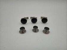 Black Onyx Style Cufflinks  Shirt Stud Set Silver Tone 6 Pc Formal Tuxedo