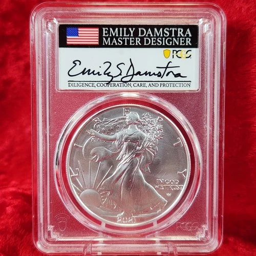 2021-W Silver Eagle PCGS SP70 Burnished Type 2 First Strike Emily Damstra Signed