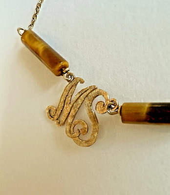 Vintage 14k  MS  initials Pendant & chain With Golden Tiger's Eye Columns, 19''