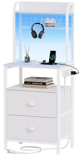 Tall Nightstand with Charging Station & LED Lights, 41'' White 2 drawers - Picture 2 of 8