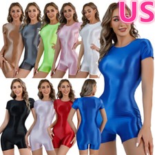 Women's Shiny Glossy Leotard Gym Workout One Piece Swim Bodysuit Bathing Suit
