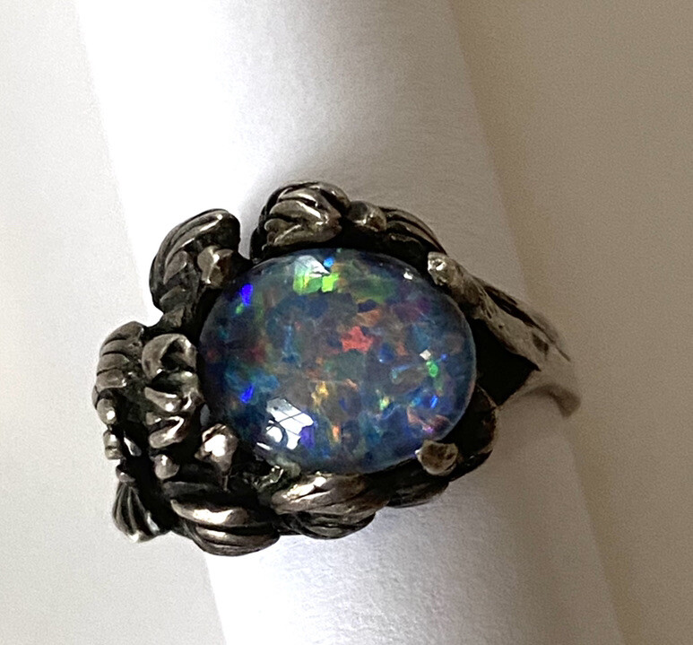 Vintage Silver Opal Ring Organic Floral Sorceress Elf Fairy Engagement