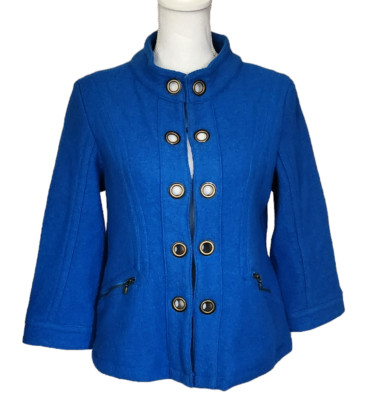 Tria Blazer Jacket Blue Wool with Brass Grommets Zippered Pockets Size M