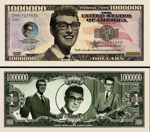 Buddy Holly Million Dollar Bill Play Funny Money Novelty Note + FREE SLEEVE