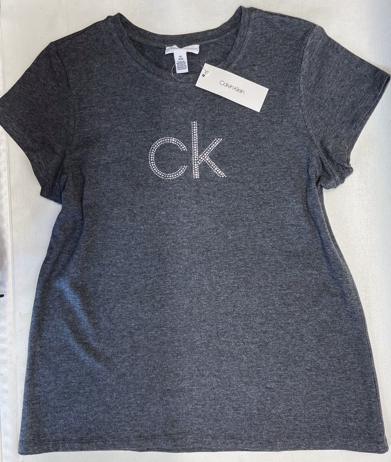 Women\'s Calvin Klein Silver Studded Logo Short Sleeve Grey Granit T-Shirt M  | eBay