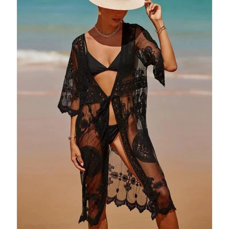 Cárdigan Ropa de Playa Suelto Kimono Transparente Floral Encaje Bikini Cubrir Foto 3 de 4