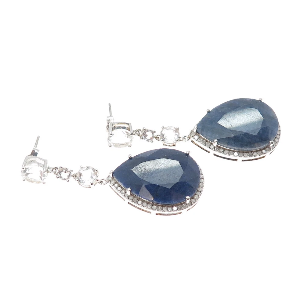 925 Sterling Silver Real Diamond White Topaz & Sapphire Dangle Earrings - Image 4 of 4