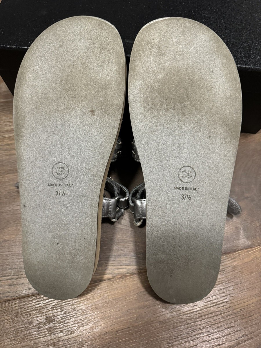 Chanel Metallized Lambskin Silver Sandals, G33800X52211 Chanel Metallized Lambskin Silver Sandals, G33800X52211