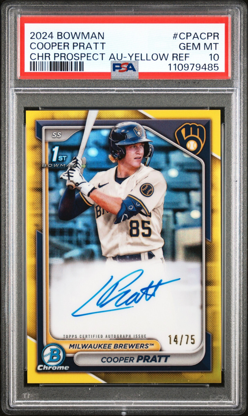 2024 BOWMAN 1ST CHROME COOPER PRATT YELLOW REFRACTOR AUTOGRAPH /75 PSA 10