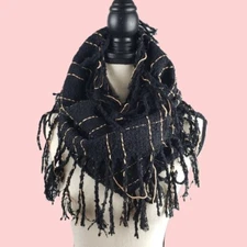 Maurices~New With Tags~ Black & Beige Infinity Neck Scarf with Tassels~One Size