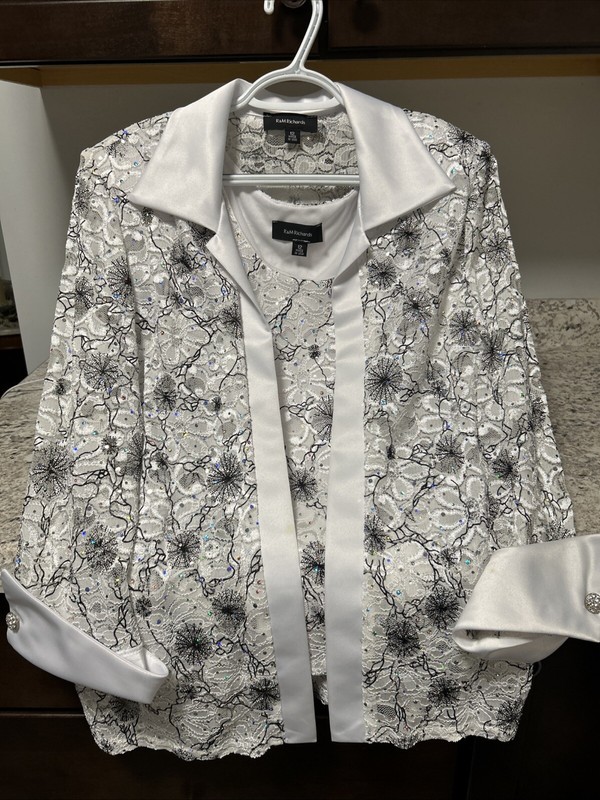 R&M Richards 2pc rhinestone & lace sleeveless top & jacket USA made vtg Size 12