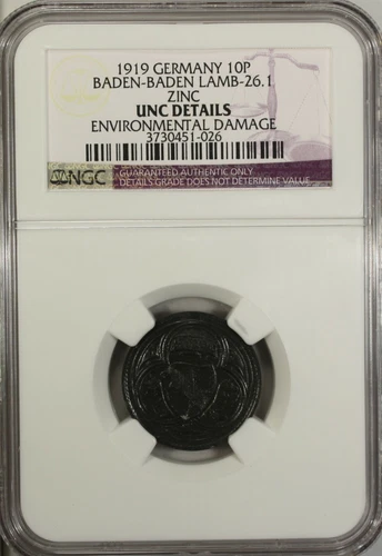 Germany 10 Pfennig 1919 NGC UNC Details Baden - Baden  Lamb-26.1 Zinc