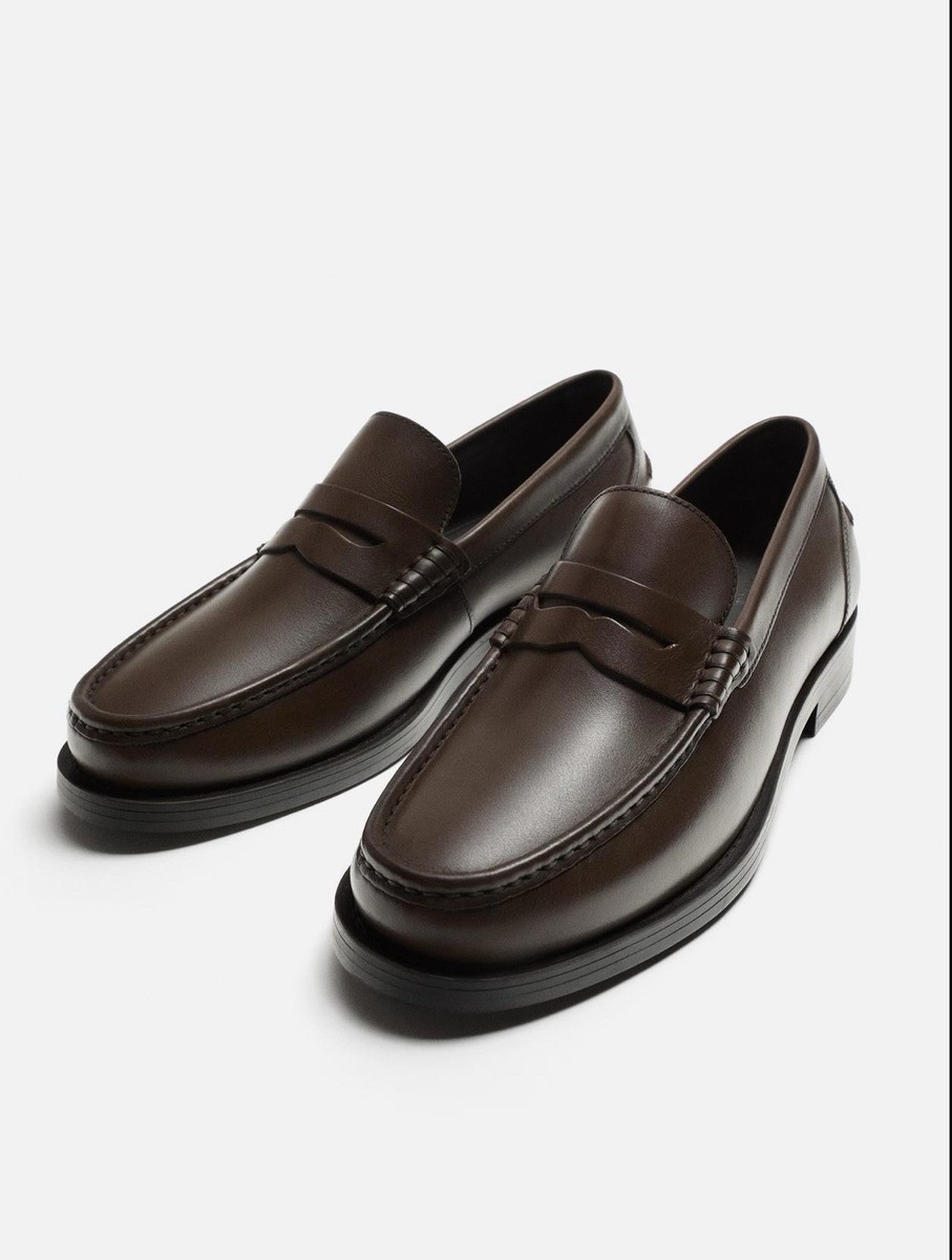 ZARA MAN LEATHER PENNY LOAFER BROWN SIZE US 9 EUR 42 Ref