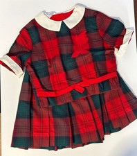 Vintage Red Green Plaid Pleated Skirt Back Button Top Girls Tartan Cuff Collar