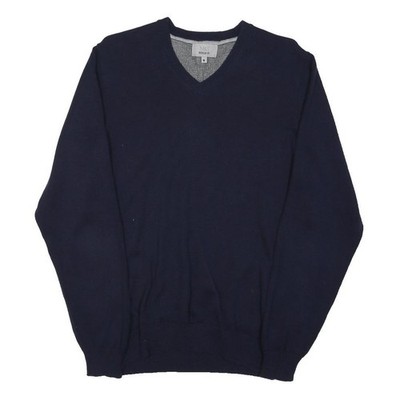 M&S Mens Navy Plain V-Neck Regular Fit Basic Knit Jumper Cotton Blend M