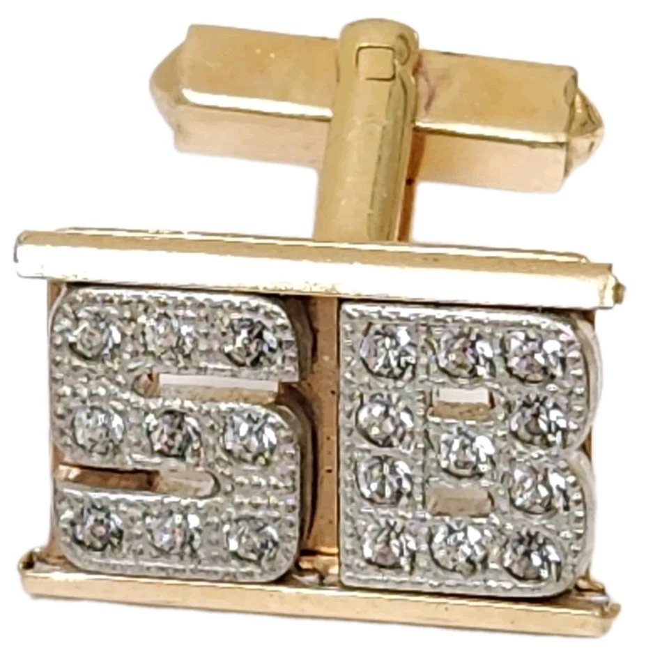 Vintage Signed Gold Tie Clip SB Initials Cubic Zirconia Cufflinks Matching Set - Image 2 of 4