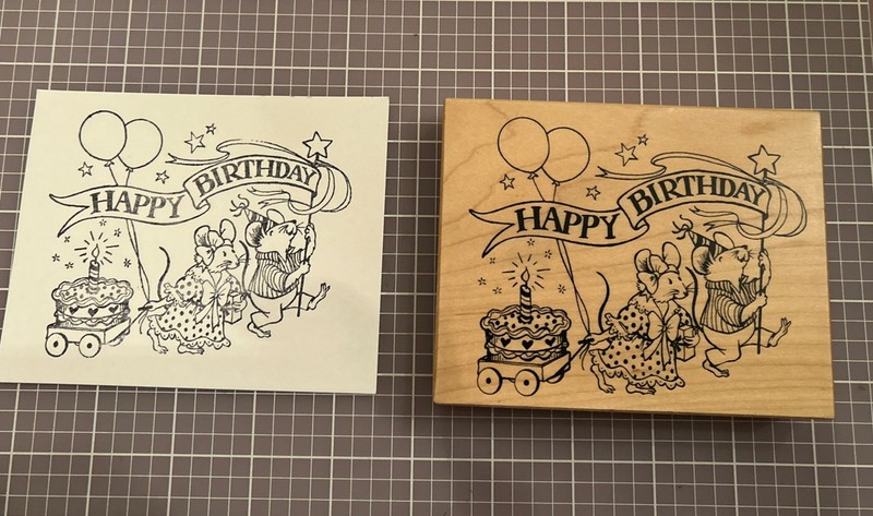 PSX Sugar & Mice Happy Birthday Rubber Stamp K-2675 Mouse Cake on Wagon Balloons